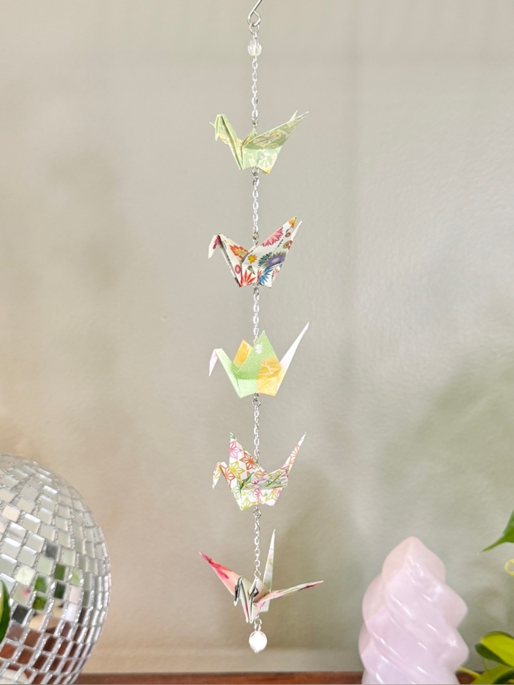 Origami Ornament #2511 - 5 Small Cranes in Light Green